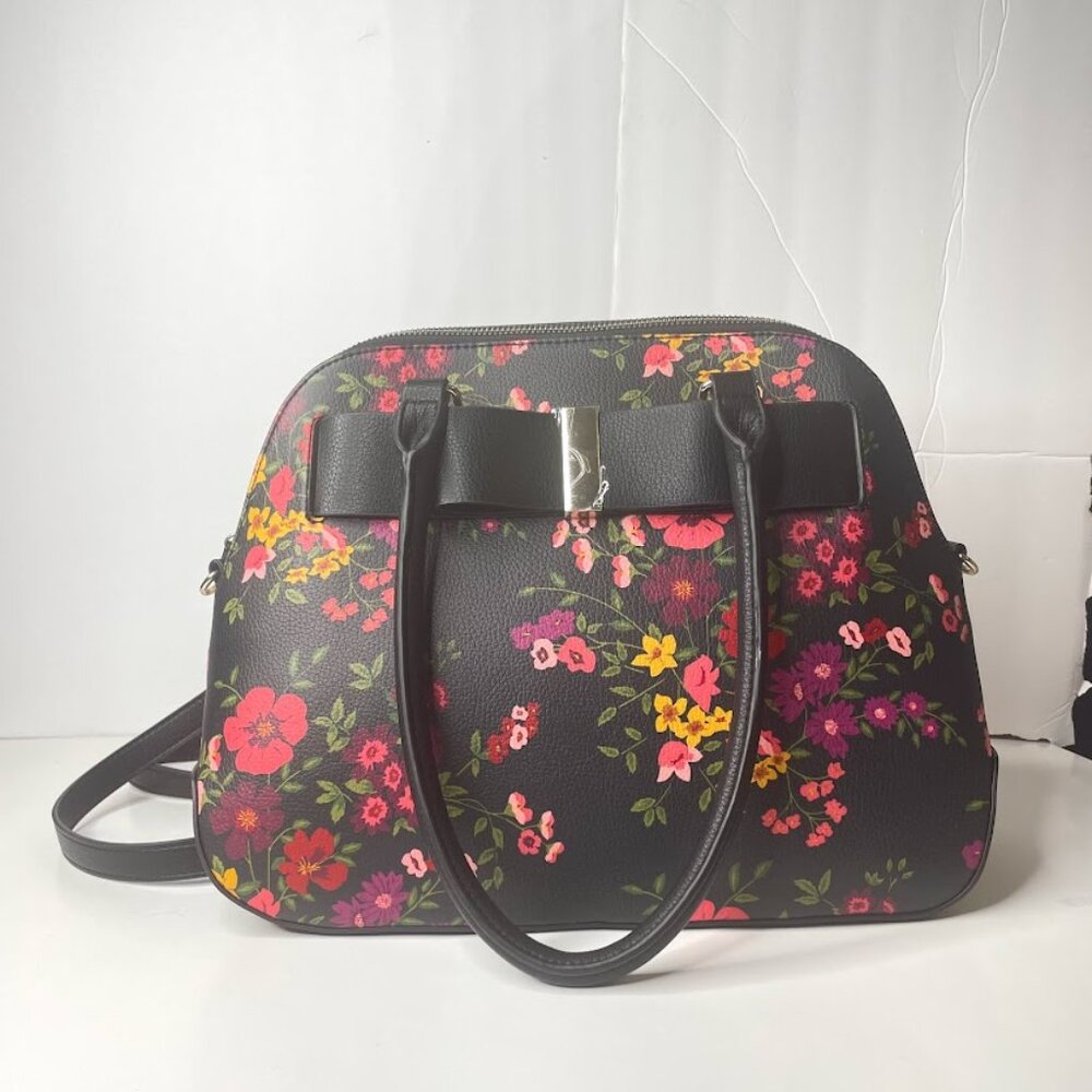 APT. 9 Black Floral Satchel Crossbody Purse Bow Detail Handbag
